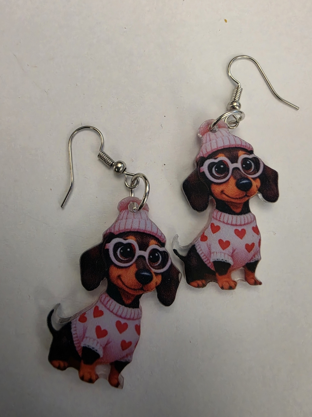 Cute Dachshund Dog Earrings - Pink Heart Sweater